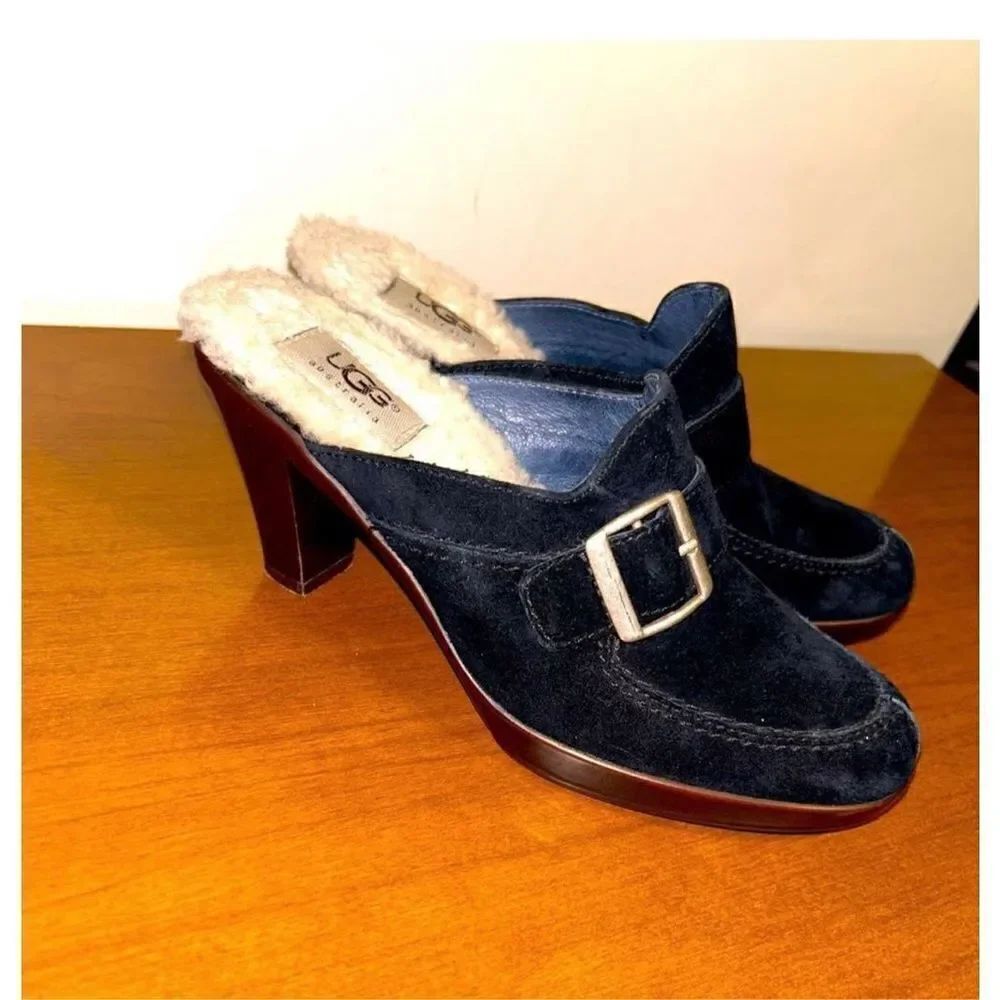 Ugg Australia Isabella black suede buckle heel clogs size 6